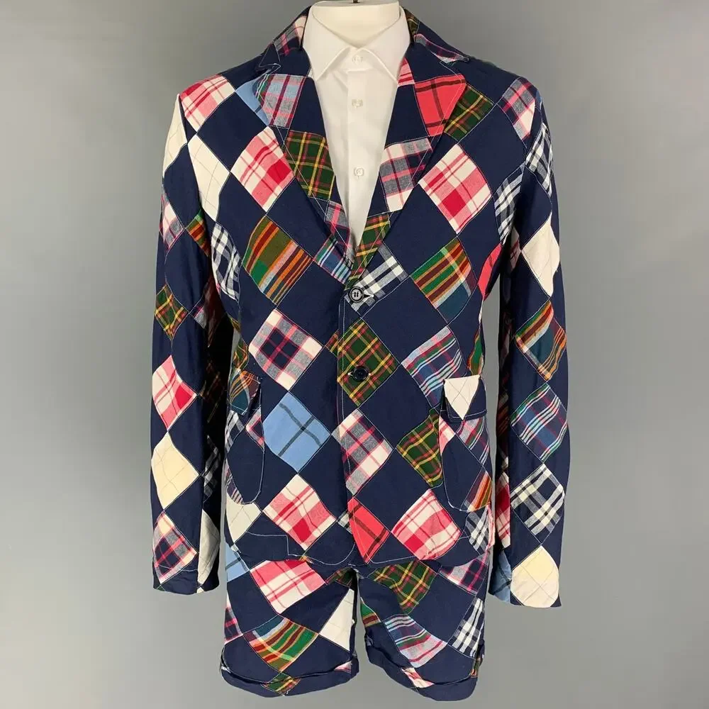 BAND OF OUTSIDERS Size 42 Navy Muliti-Color Patchwork Cotton Notch Lapel Suit